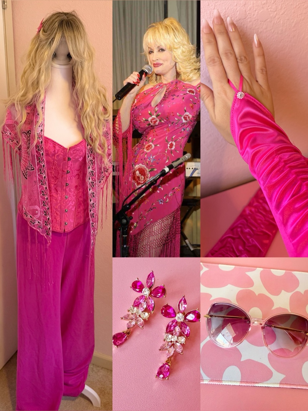 Dolly Parton Costume Set: Pants, Corset, Sunglasses, Wig, Shawl, Earrings&Gloves